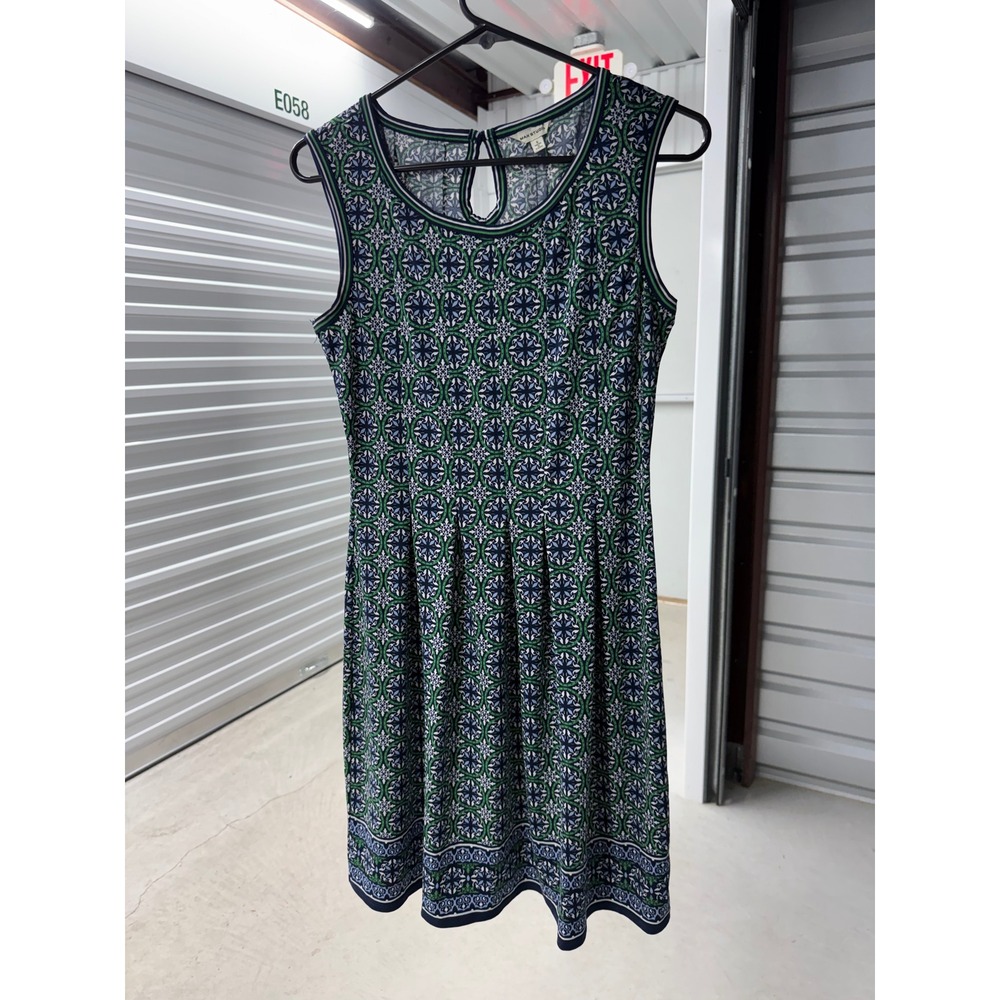 Max Studio Women Green Navy Blue Geometric Tile Print Sleeveless Knit Dress S
